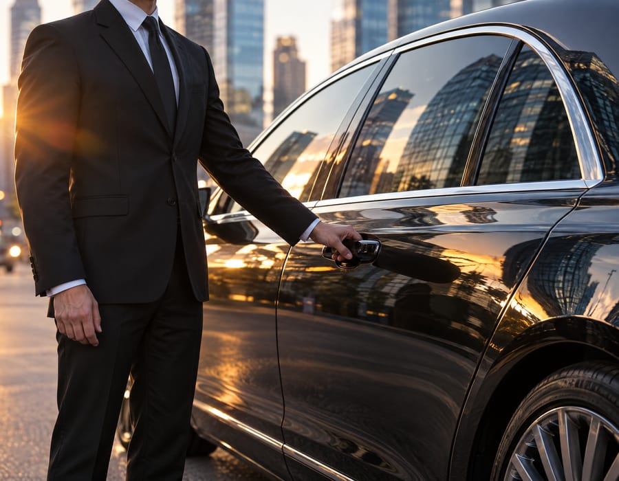 A chauffeur opening the rear door of a black luxury car