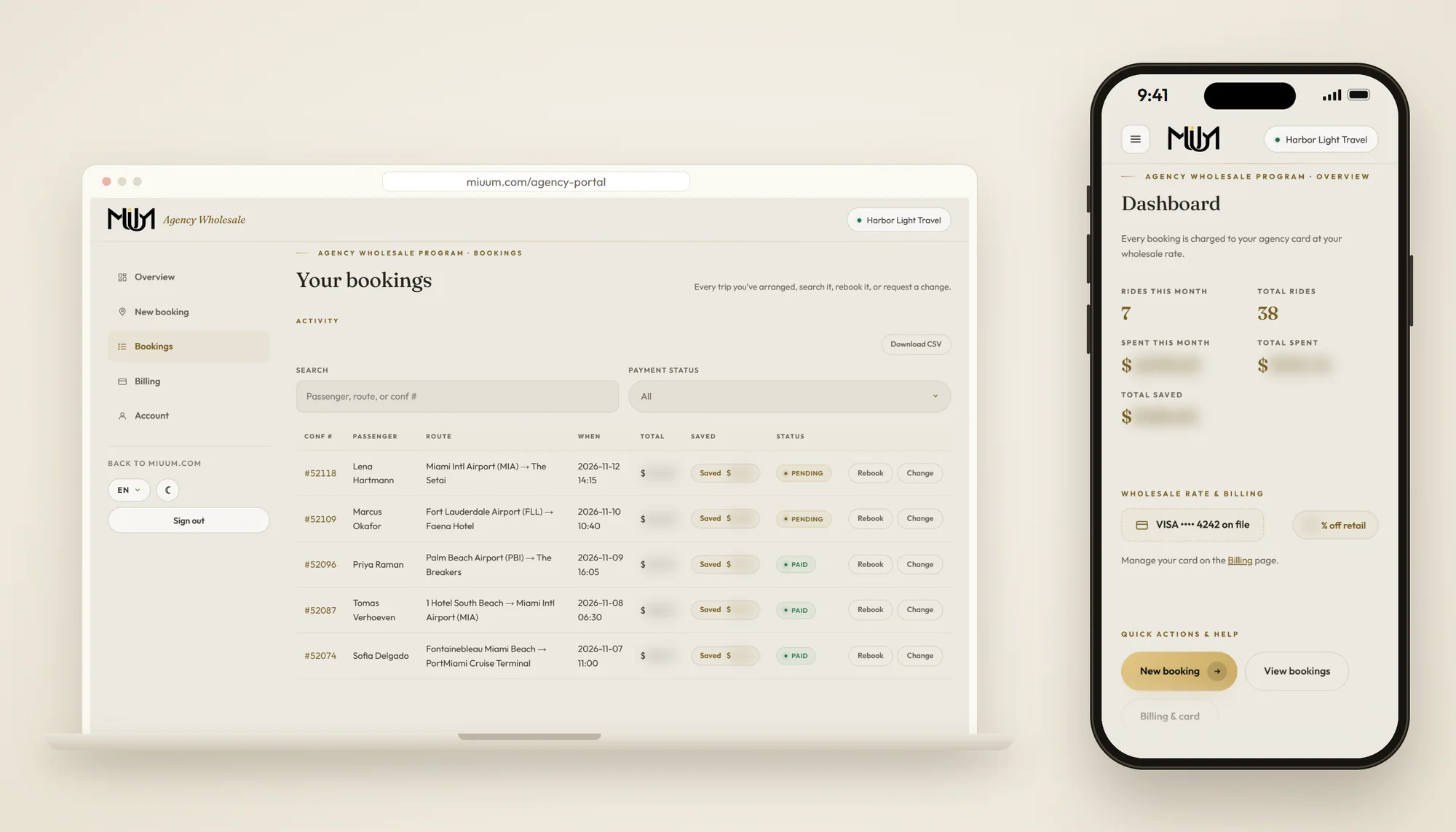 The MIUUM agency wholesale portal on a laptop showing a list of bookings, and the dashboard on a phone. Sample data.