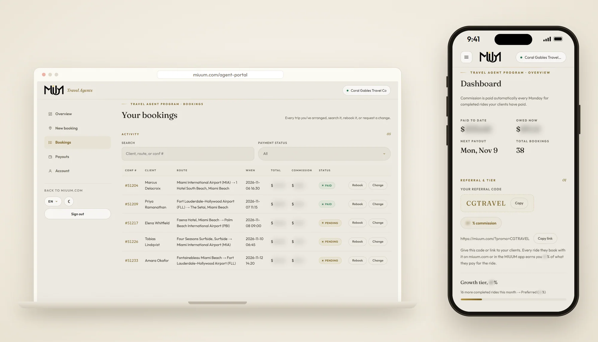 The MIUUM travel agent portal on a laptop showing a list of bookings, and the dashboard on a phone. Sample data.