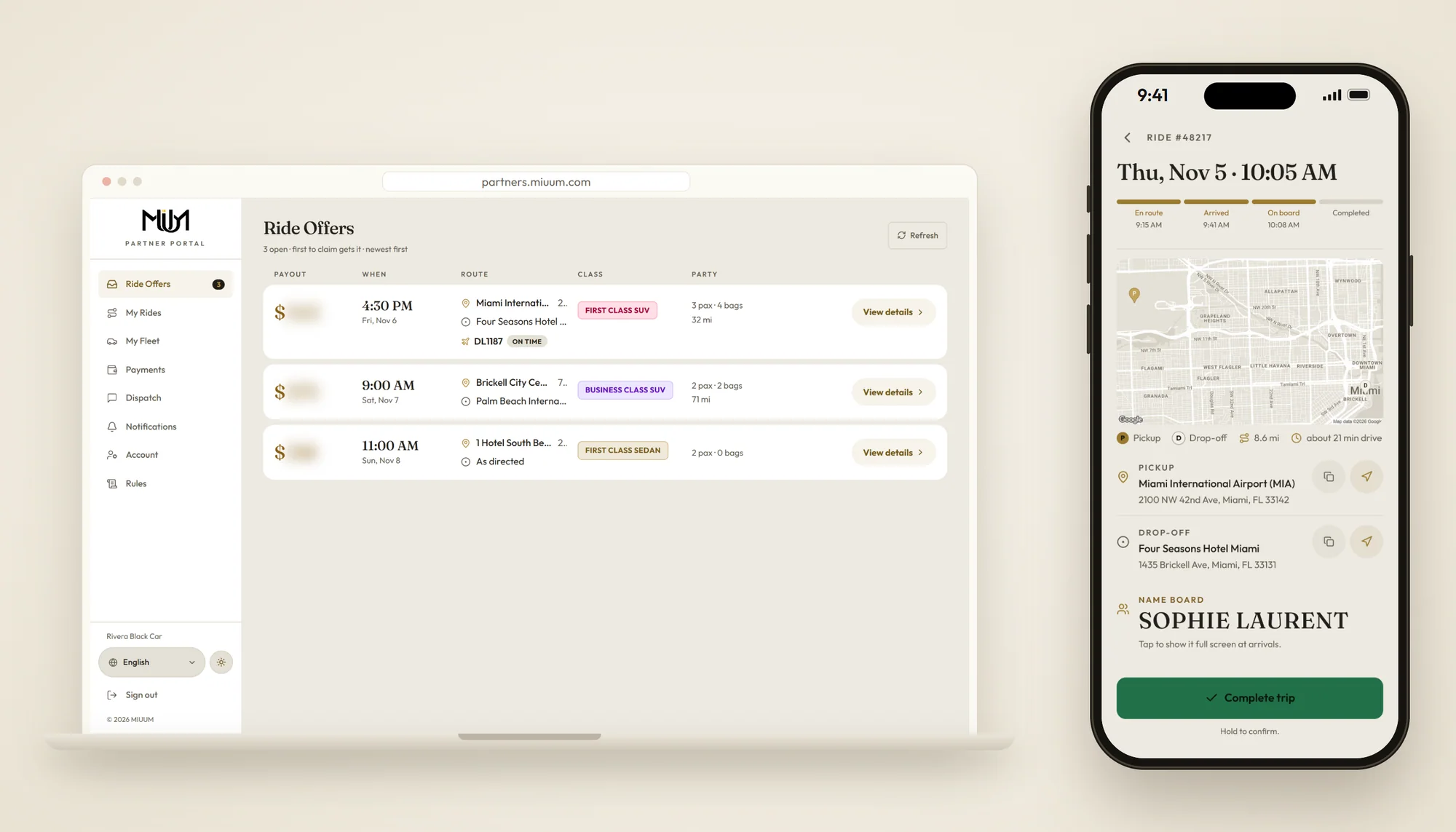 The MIUUM affiliate portal on a laptop showing open ride offers, and the MIUUM Chauffeur app on a phone showing a ride in progress. Sample data.